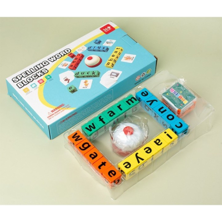 Joc cu Blocuri din Lemn, , Formare Cuvinte, Cartonase cu Obiecte si Animale, Clopotel, Joc pentru 4 Persoane, 3 Ani+, 28x15.5x5 cm, Multicolor [2]