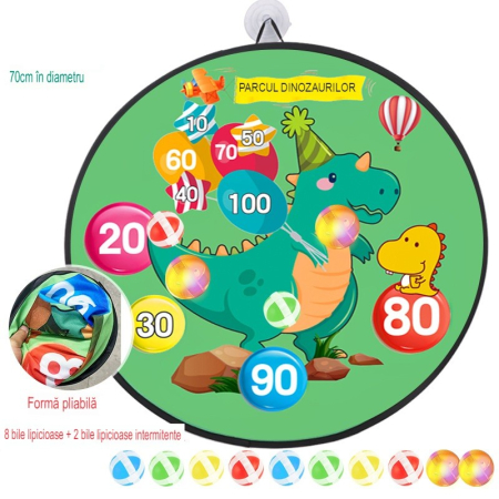 Joc Darts pentru Copii, Placa Pliabila 70 cm, 8 Mingii Velcro/Scai Simple, 2 Mingii Luminoase, Model Dinozaur Park, Verde [4]