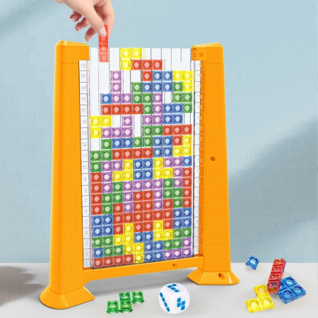Joc de inteligenta Tetris puzzle tangram , 70 de piese multicolore, 3D, montessori, interactiv, din plastic, zar inclus, sac depozitare piese, varsta peste 6 ani, 23 x 19.8 x 5 cm, cadru galben [3]