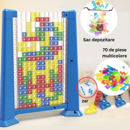 Joc de inteligenta Tetris puzzle tangram , 70 de piese multicolore, 3D, montessori, interactiv, din plastic, zar inclus, sac depozitare piese, varsta peste 6 ani, 23 x 19.8 x 5 cm, cadru albastru [1]