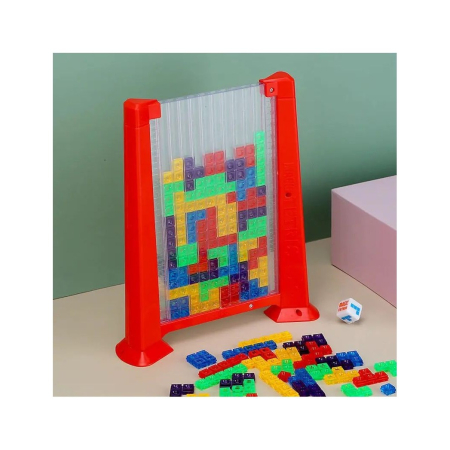Joc de inteligenta Tetris puzzle tangram , 70 de piese multicolore, 3D, montessori, interactiv, din plastic, zar inclus, sac depozitare piese, varsta peste 6 ani, 23 x 19.8 x 5 cm, cadru rosu [6]