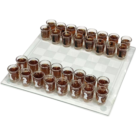 Jocuri de societate - Joc de sah din sticla cu pahare pentru shoturi, 35x35 cm, transparent