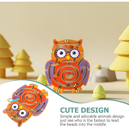 Joc Montessori cu Bile, , Creion Magnetic, Tip Labirint, din Lemn, Model Bufnita, 18.5x17.5 cm, Portocaliu-Mov [2]