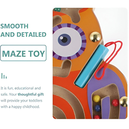 Joc Montessori cu Bile, , Creion Magnetic, Tip Labirint, din Lemn, Model Bufnita, 18.5x17.5 cm, Portocaliu-Mov [3]