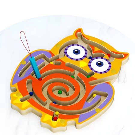 Joc Montessori cu Bile, , Creion Magnetic, Tip Labirint, din Lemn, Model Bufnita, 18.5x17.5 cm, Portocaliu-Mov [8]
