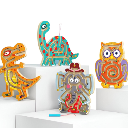 Joc Montessori cu Bile, , Creion Magnetic, Tip Labirint, din Lemn, Model Tiranozaur, 21x18 cm, Portocaliu [1]