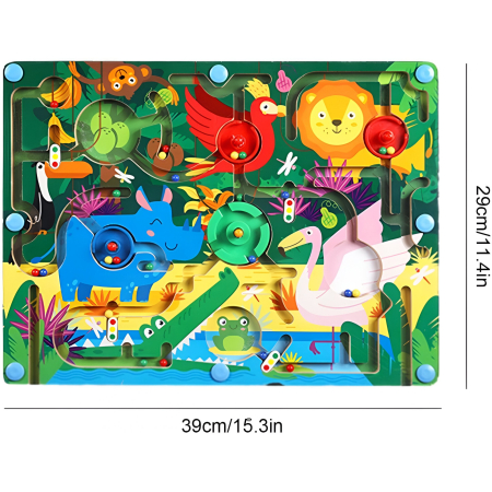 Joc Montessori de Sortare Culori, , Creion Magnetic, Tip Labirint Ilustrat, din Lemn, Model Animale Salbatice, 39x29x1.5 cm [10]