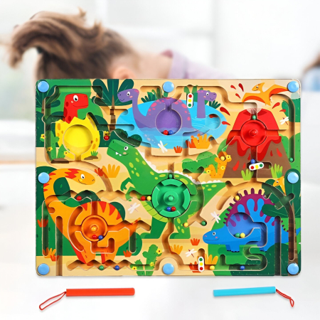 Joc Montessori de Sortare Culori, , Creion Magnetic, Tip Labirint Ilustrat, din Lemn, Model Dinozauri, 39x29x1.5 cm [5]