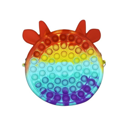 Genti, Portofele, Penare - Jucarie antistres din silicon , Geanta Pop It, Vacuta, 16 cm, Curcubeu