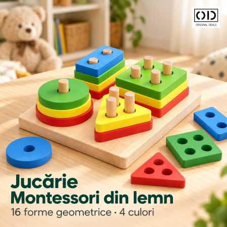 Jucarii din lemn - Jucarie Educativa , Tip Montessori, din Lemn, + 36 Luni, Forme Geometrice, 16 Piese, 12 x 12 cm, Multicolor