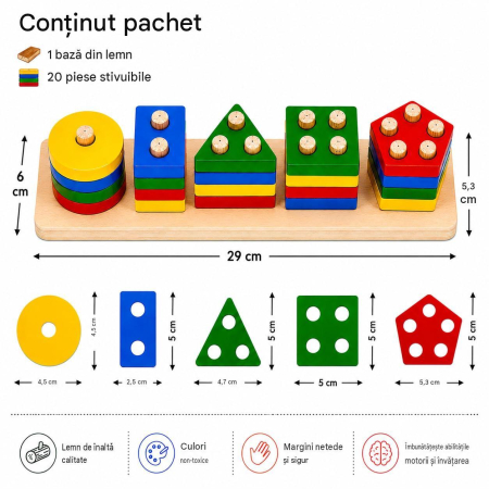Jucarie Educativa Tip Montessori din Lemn, 20 Piese Stivuibile, Forme Geometrice si Numarare 1-5 - ORIGINAL DEALS [13]