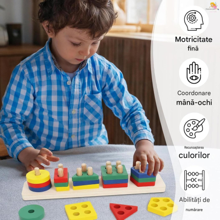 Jucarie Educativa Tip Montessori din Lemn, 20 Piese Stivuibile, Forme Geometrice si Numarare 1-5 - ORIGINAL DEALS [12]