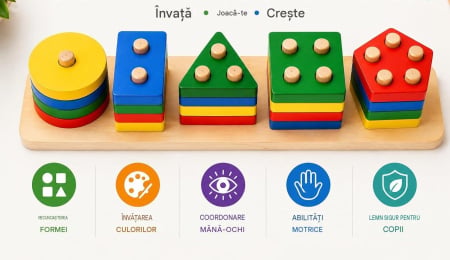 Jucarii, Copii & Bebe - Jucarie Educativa Tip Montessori din Lemn, 20 Piese Stivuibile, Forme Geometrice si Numarare 1-5 - ORIGINAL DEALS