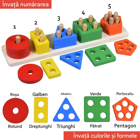 Jucarie Educativa Tip Montessori din Lemn, 20 Piese Stivuibile, Forme Geometrice si Numarare 1-5 - ORIGINAL DEALS [11]