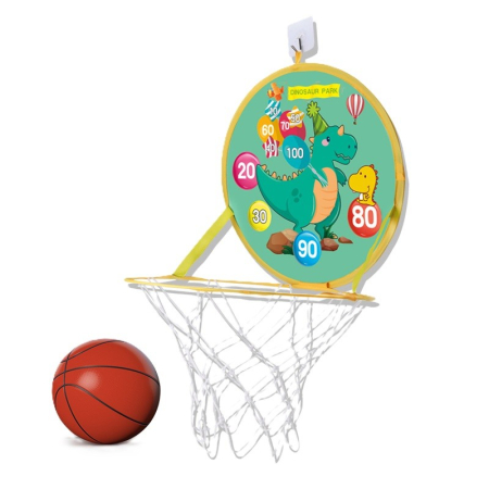 Jucarii interactive - Jucarie Interactiva, , 2 in 1, Cos de Basket si Tinta de Darts, Minge 16 cm, Pompa, 8 Mingii cu Scai, Model Dragon, Multicolor