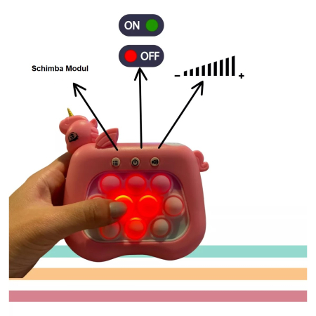 Jucarie Interactiva Pop It Whack A Mole, , Tip Consola, Anti-Stres, 4 Moduri de Joc, din ABS si Silicon, +3 Ani, Model Unicorn, Roz [6]