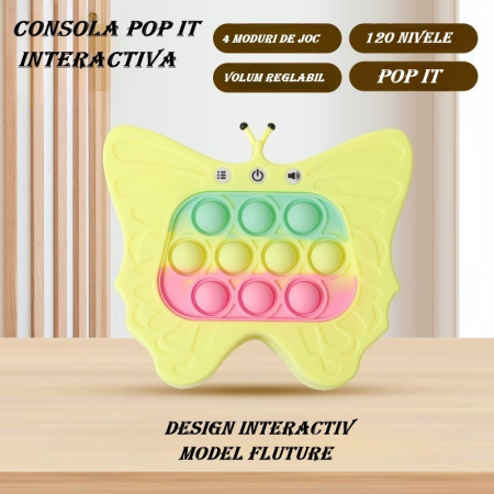 Jucarie Interactiva Tip Consola pentru Copii, , Diferite Moduri de Joc, 120 Nivele, Material ABS/silicon, cu Nivele, Sunete si Lumini, 12 x 5.5 x 13.5 cm cm, Model Fluture, Galben [2]