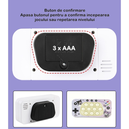 Jucarie interactiva tip consola pentru copii , speed push whack-a-mole, joc de viteza pop it, material ABS/silicon, cu nivele, sunete si lumini, 15.5 x 7.6 x 5.3 cm, model elfi, mov [4]