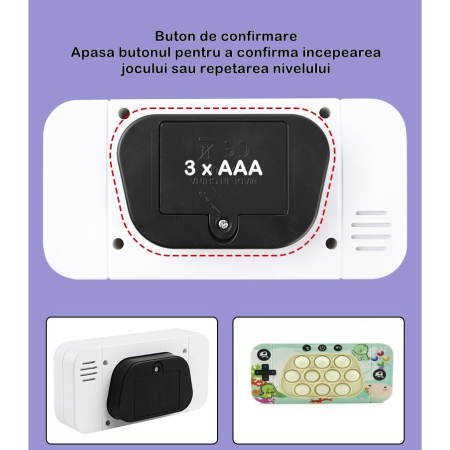 Jucarie interactiva tip consola pentru copii , speed push whack-a-mole, joc de viteza pop it, material ABS/silicon, cu nivele, sunete si lumini, 15.5 x 7.6 x 5.3 cm, model dinozaur, verde [5]