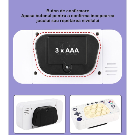 Jucarie interactiva tip consola pentru copii , speed push whack-a-mole, joc de viteza pop it, material ABS/silicon, cu nivele, sunete si lumini, 15.5 x 7.6 x 5.3 cm, model astronaut, alb [5]