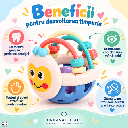 Jucarie minge pentru bebelusi, pentru dentitie, interactiva, 0-12 luni, roz-multicolor | ORIGINAL DEALS [5]