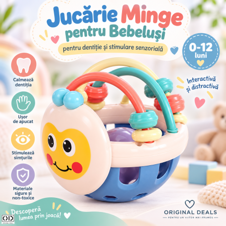 Jucarie minge pentru bebelusi, pentru dentitie, interactiva, 0-12 luni, roz-multicolor | ORIGINAL DEALS [4]
