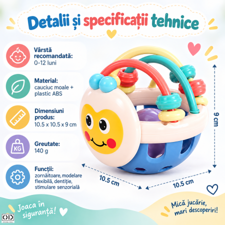 Jucarie minge pentru bebelusi, pentru dentitie, interactiva, 0-12 luni, roz-multicolor | ORIGINAL DEALS [1]