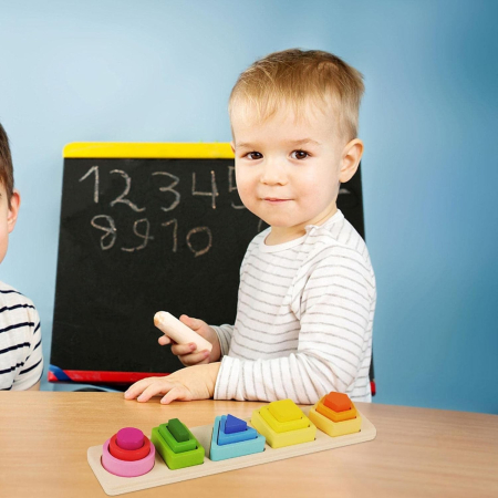 Jucarie Montessori din Lemn, , Tip Puzzle, cu 5 Forme Asimetrice, 15 Piese, Educativa, Interactiva, Creativa, Model Forme Geometrice, Materiale Non Toxice, +2 Ani, 29x6.5 cm, Multicolor [12]