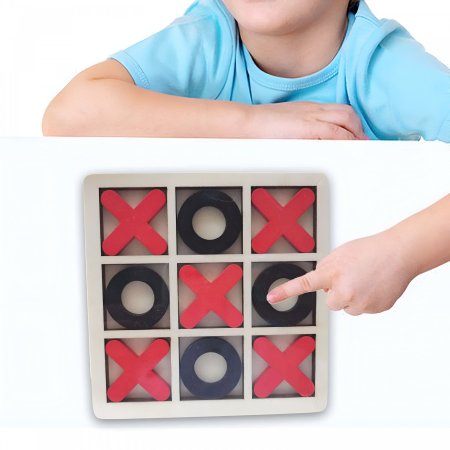 Jucarie Montessori Tic Tac Toe, , Educativa, Interactiva, din lemn, X si O, 9 Piese, 14.3x14.3 cm, Negru Rosu [3]