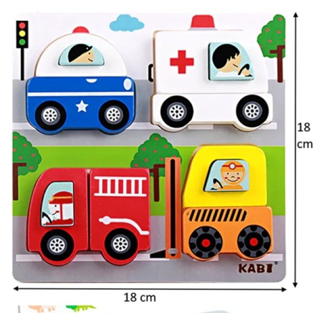 Jucarie Montessori, , Tip Puzzle 3D, din Lemn, +36 Luni, Model Masini, 18 x 18 x 1.5 cm, Multicolor [4]