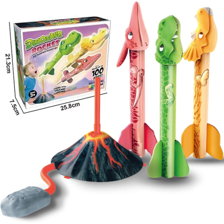 Jucarie pentru Copii, , Lansator de Rachete cu Piciorul, un Singur Lansator, 3 Rachete Donozauri cu Lumini, 30 cm Inaltime, Model Vulcan, Multicolor [2]