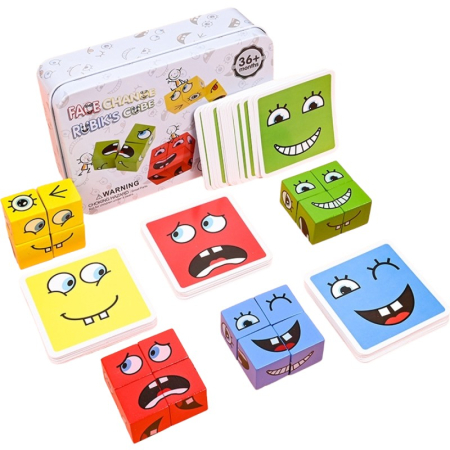 ✨TOATE PRODUSELE✨ - Jucarie Pentru Copii Montessori , Cub din Lemn, Asamblare Fete, 64 de Carti Distractive, pentru Baieti si Fete, Varsta +3 ani, Educativ, Cutie din Aluminiu, 13.5 x 4 x 9 cm, multicolor