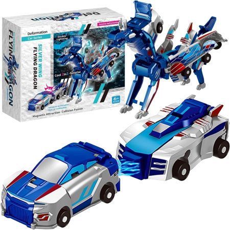 Jucarii si Jocuri - Jucarie Transformabila 2in1, , Silver Wing Flying Dragon, Masina/Dragon, Atractie Magnetica, +6 Ani, din ABS, Albastru