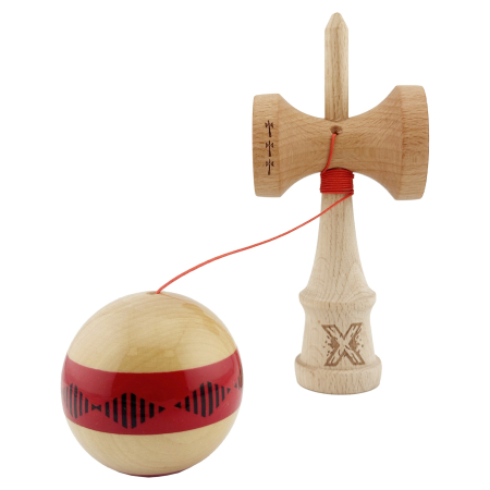 Kendama X FREQUENCY Originala, Profesionala, , Big Cups V2, Super Sticky cu Cupe Mari, Rulment Metalic, din lemn 18 cm, Ata 55 cm, Rosu/Maro [2]