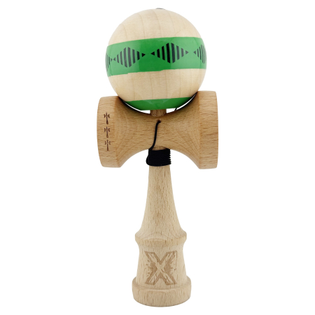 Kendama Frequency V2 Cupe Mari - Kendama X FREQUENCY Originala, Profesionala, , Big Cups V2, Super Sticky cu Cupe Mari, Rulment Metalic, din lemn 18 cm, Ata 55 cm, Verde/Maro