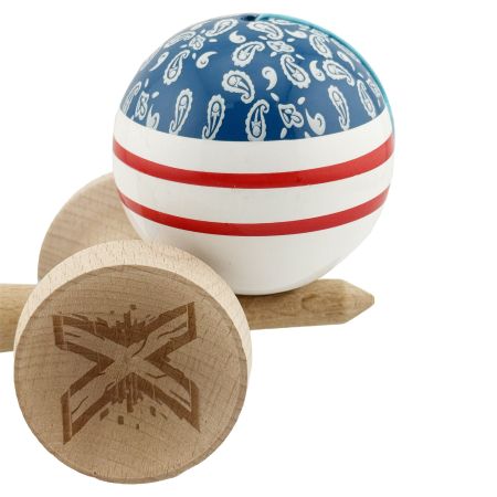 Kendama X Originala CHICANOS, Profesionala, , Cupe Mari KING SIZE V3, Super Sticky, Gaura in Baza, Rulment Metalic, din lemn 18 cm, Ata 55 cm, Albastru/Alb [7]