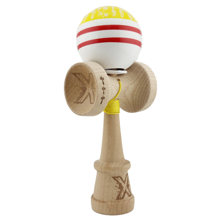 Kendama Chicanos V3 King Size - Kendama X Originala CHICANOS, Profesionala, , Cupe Mari KING SIZE V3, Super Sticky, Gaura in Baza, Rulment Metalic, din lemn 18 cm, Ata 55 cm, Galben/Alb