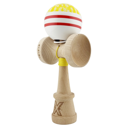 Kendama X Originala CHICANOS, Profesionala, , Cupe Mari KING SIZE V3, Super Sticky, Gaura in Baza, Rulment Metalic, din lemn 18 cm, Ata 55 cm, Galben/Alb [2]