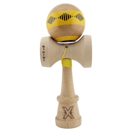 Kendama X Originala FREQUENCY, Profesionala, , Cupe Mari KING SIZE V3, Super Sticky, Gaura in Baza, Rulment Metalic, din lemn 18 cm, Ata 55 cm, Galben/Maro [8]