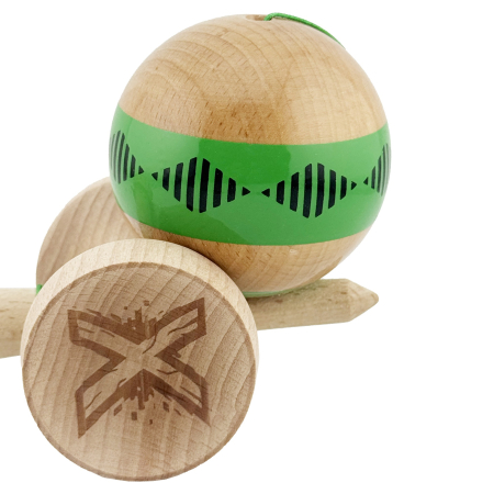 Kendama X Originala FREQUENCY, Profesionala, , Cupe Mari KING SIZE V3, Super Sticky, Gaura in Baza, Rulment Metalic, din lemn 18 cm, Ata 55 cm, Verde/Maro [7]
