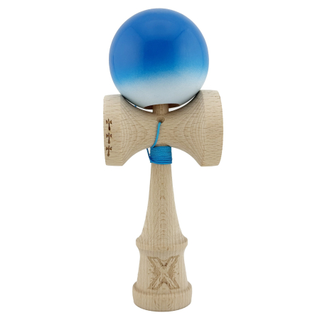 Kendama Super Sticky V2 Cupe Mari - Kendama X Originala, Profesionala, , Big Cups V2, Super Sticky cu Cupe Mari, din lemn 18 cm, Rulment Metalic cu Ata 55 cm, Albastru/Alb