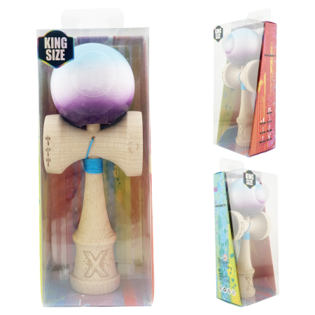 Kendama X Originala, Profesionala, , Big Cups V2, Super Sticky cu Cupe Mari, din lemn 18 cm, Rulment Metalic cu Ata 55 cm, Albastru/Alb/Mov [9]