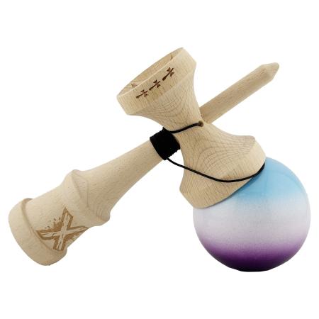 Kendama X Originala, Profesionala, , Big Cups V2, Super Sticky cu Cupe Mari, din lemn 18 cm, Rulment Metalic cu Ata 55 cm, Albastru/Alb/Mov [3]