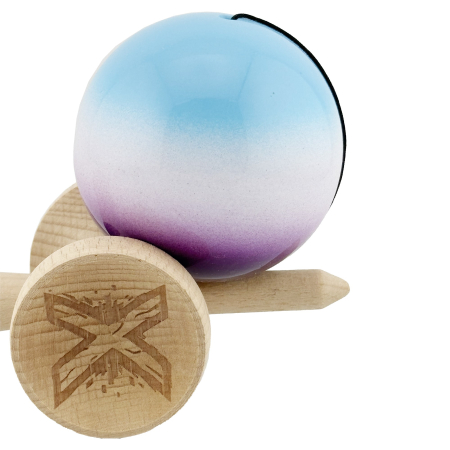 Kendama X Originala, Profesionala, , Big Cups V2, Super Sticky cu Cupe Mari, din lemn 18 cm, Rulment Metalic cu Ata 55 cm, Albastru/Alb/Mov [6]