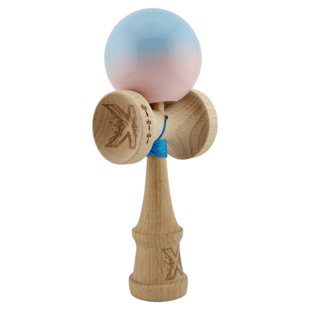 Kendama X Originala, Profesionala, , Big Cups V2, Super Sticky cu Cupe Mari, din lemn 18 cm, Rulment Metalic cu Ata 55 cm, Albastru deschis/Roz [8]