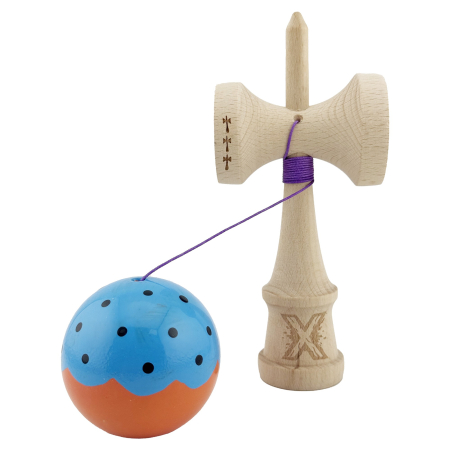 Kendama X Originala, Profesionala, , Big Cups V2, Super Sticky cu Cupe Mari, din lemn 18 cm, Rulment Metalic cu Ata 55 cm, Albastru/Portocaliu [2]