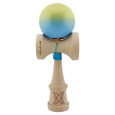 Kendama Super Sticky V2 Cupe Mari - Kendama X Originala, Profesionala, , Big Cups V2, Super Sticky cu Cupe Mari, din lemn 18 cm, Rulment Metalic cu Ata 55 cm, Galben/Albastru