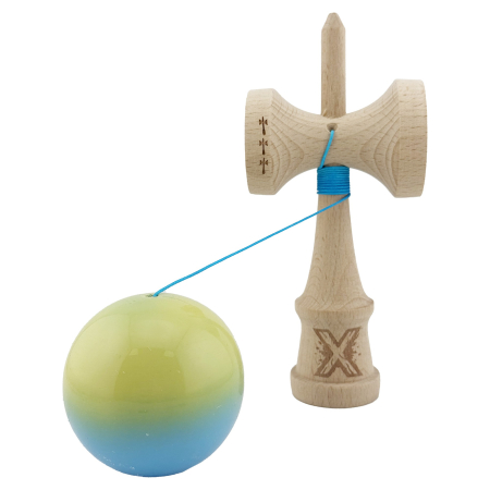 Kendama X Originala, Profesionala, , Big Cups V2, Super Sticky cu Cupe Mari, din lemn 18 cm, Rulment Metalic cu Ata 55 cm, Galben/Albastru [2]