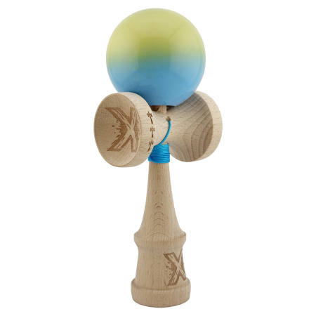 Kendama X Originala, Profesionala, , Big Cups V2, Super Sticky cu Cupe Mari, din lemn 18 cm, Rulment Metalic cu Ata 55 cm, Galben/Albastru [9]
