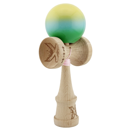 Kendama X Originala, Profesionala, , Big Cups V2, Super Sticky cu Cupe Mari, din lemn 18 cm, Rulment Metalic cu Ata 55 cm, Galben/Albastru/Verde [9]
